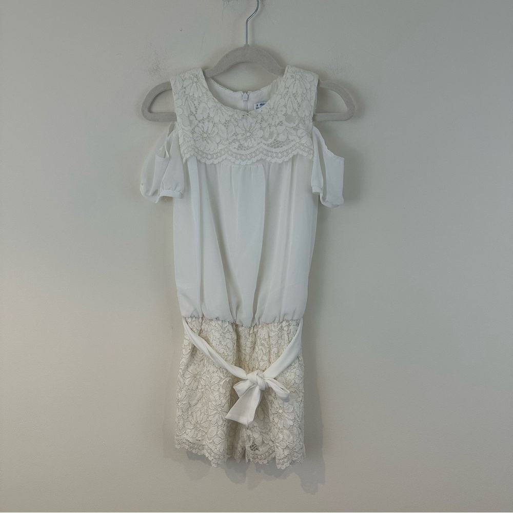 Mayoral White Cold Shoulder Lace Romper Size 8 Girl's